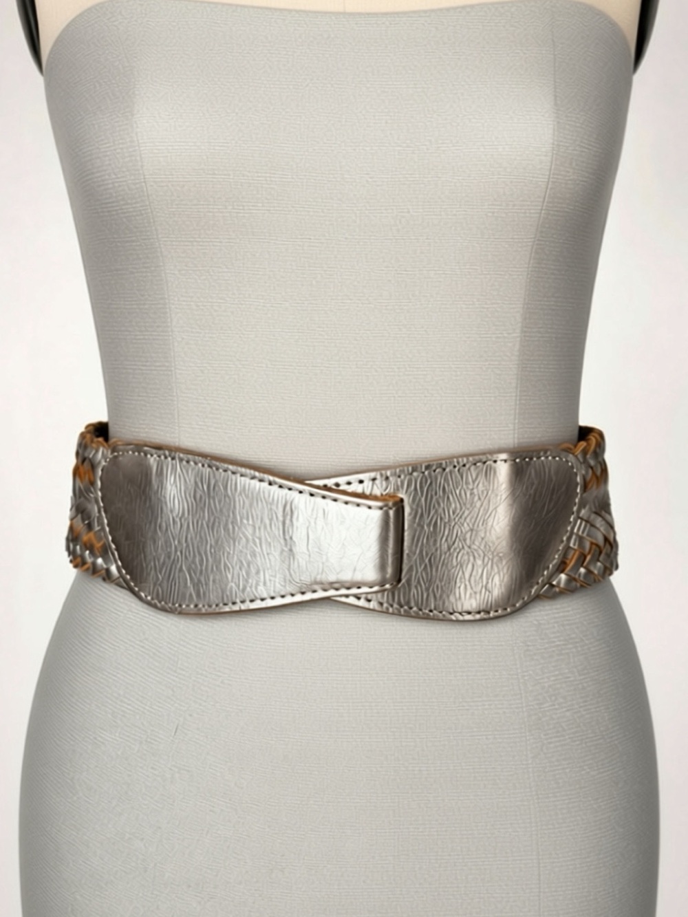 Linea Pelle Woven Leather 2” W Buckleless Belt, stretch, silver/Brown, S, EUC
